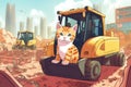 A cat sitting on top of a bulldozer. Generative AI image.