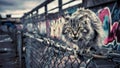 A cat sitting on top of a fence with graffiti all around it, AI Royalty Free Stock Photo
