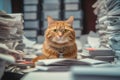 A cat sitting on top of a pile of papers. Generative AI image.