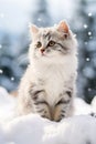 A cat sitting on top of a pile of snow. Generative AI image.