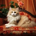 A cat sitting on top of a tan couch Royalty Free Stock Photo