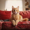 A cat sitting on top of a tan couch Royalty Free Stock Photo