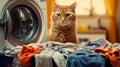 Cat sitting on washing machine. Bathroom interior in apartment, cozy house. Washing machine with dirty laundry