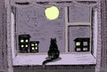 Cat sitting at window, silhouette. Night town landscape Royalty Free Stock Photo