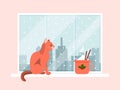 Cat sitting winter window, cozy cold season urban landscape and coffee cap flat vector illustration. Christmas mood Royalty Free Stock Photo