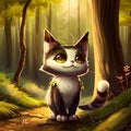 a cat sitting in the woods with a yellow light shining on it\'s face and eyes Royalty Free Stock Photo