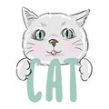 Cat sketch vector illustration, print design, children print on t-shirt girl or boy, illustration with text Cat. Royalty Free Stock Photo