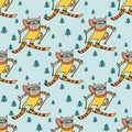 Cat skiing in the forest. Winter sport pattern