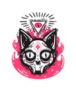 Cat Skull With A Third Eye And Fire In Cartoon Style