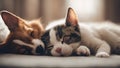 cat sleeping on a bed Cat and dog sleeping together. Kitten and puppy taking nap. Home pets. Animal care. Love and friends Royalty Free Stock Photo