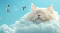 A cat sleeping on a cloud with birds flying around, AI Royalty Free Stock Photo