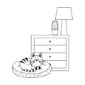 Cat sleeping on cushion drawers with cactus and lamp isolated design