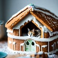 Cat sleeping in ginger bread house