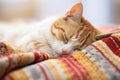 Cat sleeping lying on blanket. Cat resting on couch in living room