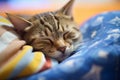 Cat sleeping lying on blanket. Cat resting on couch in living room