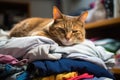 cat sleeping on a pile of clean, freshly folded laundry