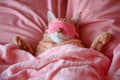 Cat sleeping in sleep mask lying in the bed. World Sleep Day concept. Rest and relax, daydreaming, healthy sleep, lazy day off
