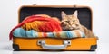 Cat sleeping in a suitcase packed with things for travel on white background , concept of Packing for a journey, created