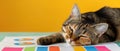 A cat is sleeping on a table with a bunch of graphs Royalty Free Stock Photo