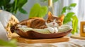 A cat sleeping in a wooden bowl on a bed Royalty Free Stock Photo
