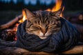 A cat sleeping wrapped up in wool clothing beside a camp fire, night scene Royalty Free Stock Photo