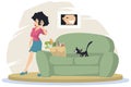 Cat sneaks into food while girl is talking on phone. Illustration for internet and mobile website