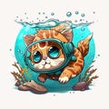 Cat snorkelling underwater, diver kitten, cartoon chibi style, AI generative