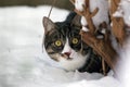 Cat in the snow, hiding behind a tree Royalty Free Stock Photo