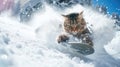 Cat snowboarder going down ski slope in winter, funny pet rides snowboard spraying snow powder. Concept of sport, extreme, resort