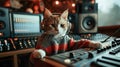 cat sound engineer working at record music studio, animal musician sitting with professional audio mixer console Royalty Free Stock Photo