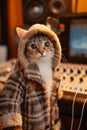 cat sound engineer working at record music studio, animal musician sitting with professional audio mixer console Royalty Free Stock Photo