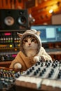 cat sound engineer working at record music studio, animal musician sitting with professional audio mixer console Royalty Free Stock Photo