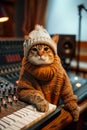 cat sound engineer working at record music studio, animal musician sitting with professional audio mixer console Royalty Free Stock Photo