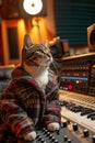 cat sound engineer working at record music studio, animal musician sitting with professional audio mixer console Royalty Free Stock Photo