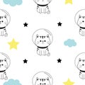 Cat spaceman head, hands. Cloud, star shape. Cute cartoon kawaii character. Baby pet collection. Seamless Pattern Wrapping paper,