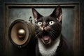 Cat speaks or meowing loudly. Kitten with loudspeaker. Generated AI.