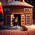 Cat standing in chocolate bread house