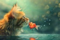 A cat stands attentively, fixated on a fish swimming beneath the waters surface, A whimsical cat offering a heart-shaped fish for