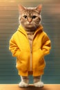 The cat stands on two legs in a hoodie