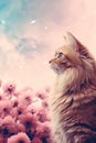 cat staring off into the distant, dreamy floral scene with pretty pastel colors