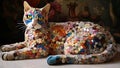 A cat statue with a blue eye painted on its head laying on a pile of plastic balls