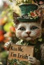 A cat statue with a green hat and holding up an irish sign, AI