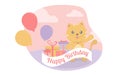 The cat stood beside the gift box with balloons many colors celebrating the birthday party.