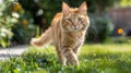 Cat strolling grassy sidewalk