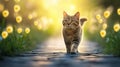Cat strolling on a sunlit path surrounded by glowing dandelions, AI Royalty Free Stock Photo