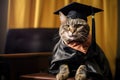 A cat with a student\'s cap on graduation. Celebration of educational milestones