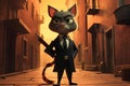 Cat suave secret agent, wearing a sharp suit and holding a silenced pistol, standing in a dimly - lit alleyway, cartoon style