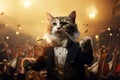 Cat in a suit composing music in front of an audience, AI-generated.