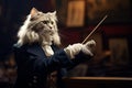 Cat in a suit composing music in front of an audience, AI-generated.