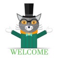 Cat gentleman and aristocrat in a suit with a hat and glasses with welcome lettering. Friendly pose. 